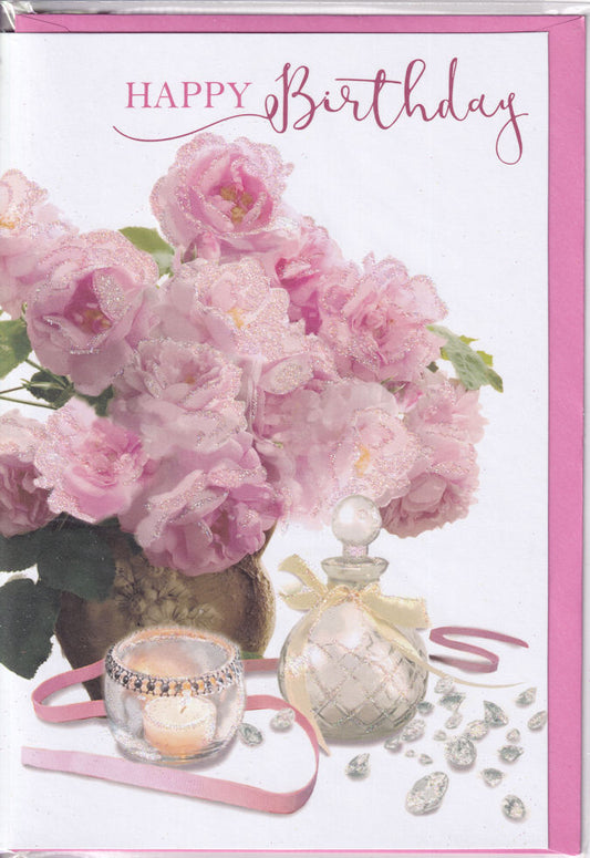 Pink Flowers Happy Birthday Glitter Card - Simon Elvin