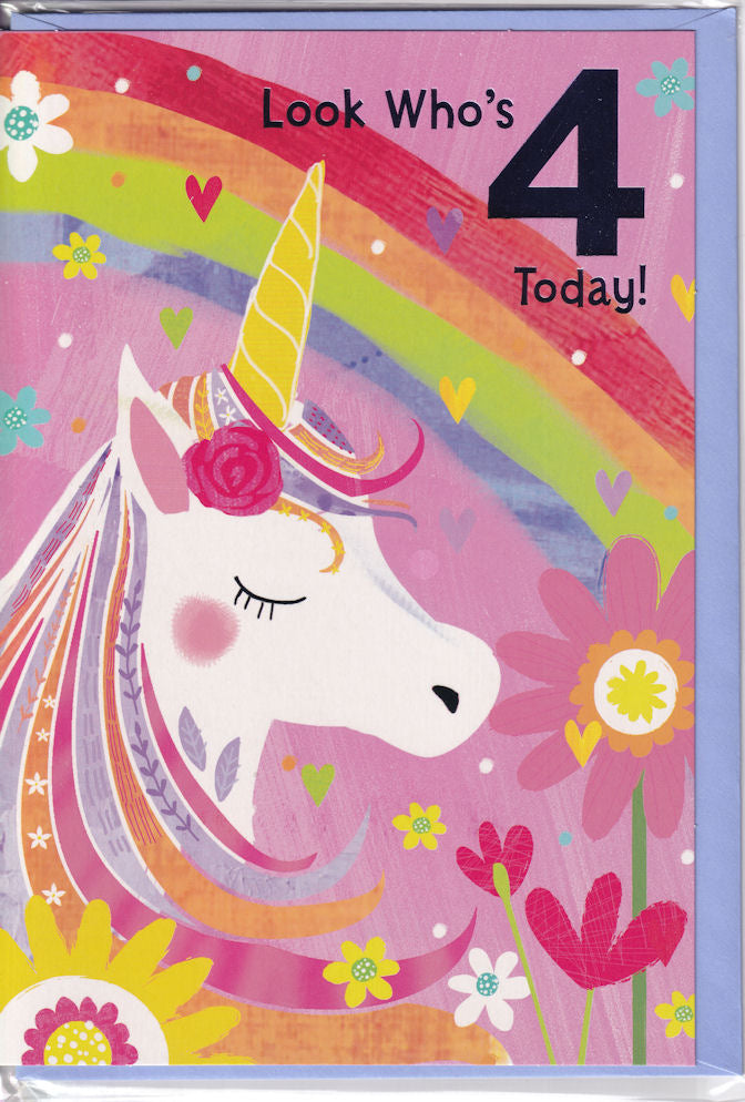 Unicorn Look Who's 4 Today! Birthday Card - Simon Elvin