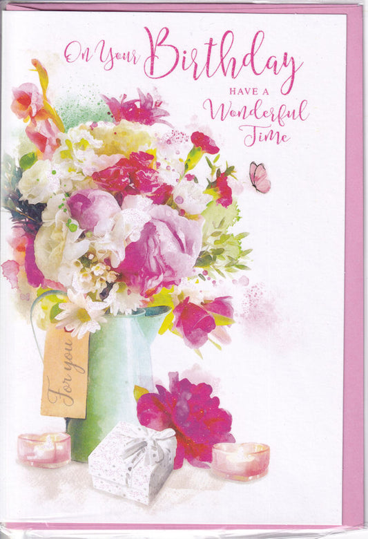 Flowers On Your Birthday Have A Wonderful Time Card - Simon Elvin