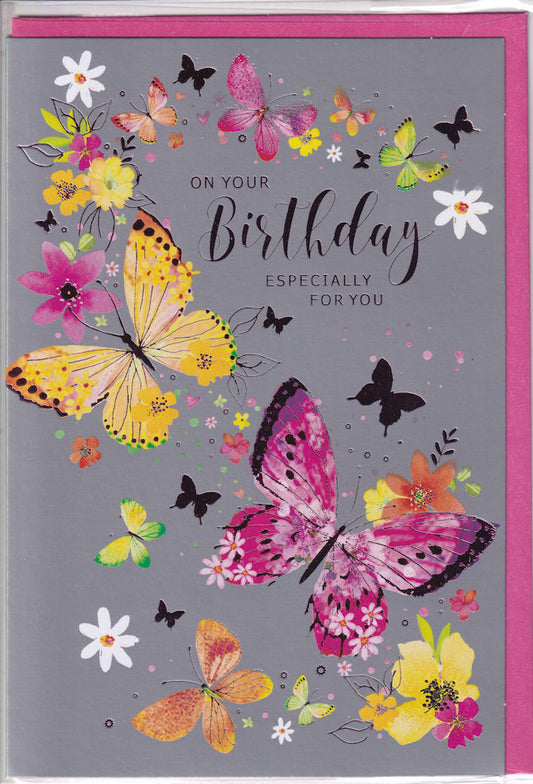 Butterfly Flowers Birthday Card - Simon Elvin