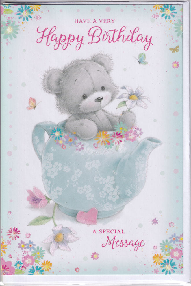 Teddybear Teapot Birthday Card female woman lady for her Simon Elvin 7" x 5"