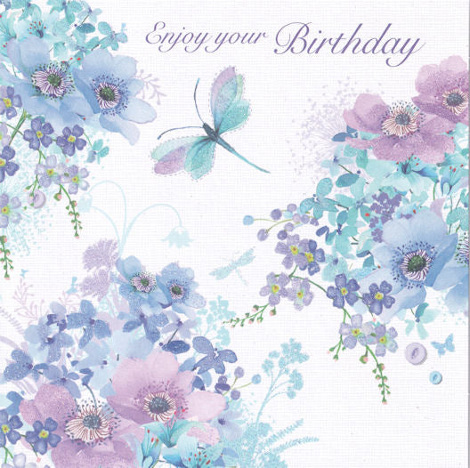 Blue Flowers And Dragonfly Birthday Card - Nigel Quiney