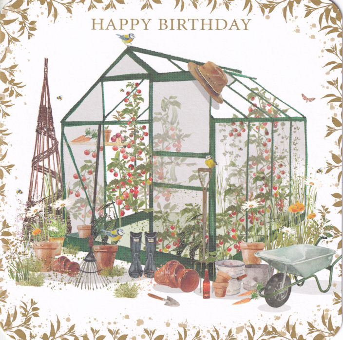 Greenhouse Gardening Happy Birthday Card - Nigel Quiney