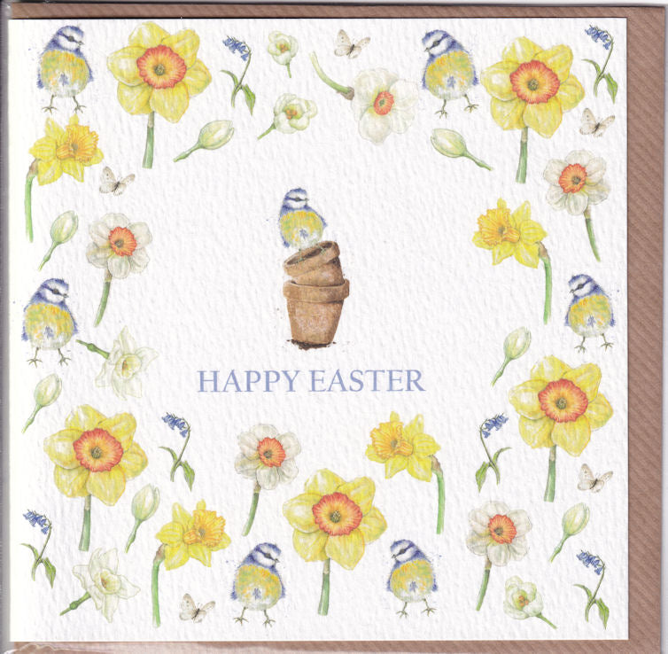 Blue Tit Birds And Daffodils Happy Easter Card - West Country Designs