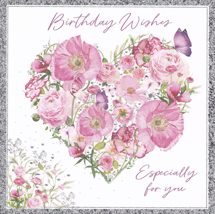 Floral Heart And Butterflies Birthday Wishes Card - Nigel Quiney