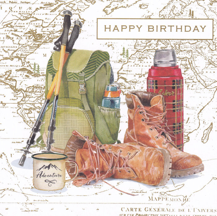 Hiker Boots And Equipment Happy Birthday Card - Nigel Quiney