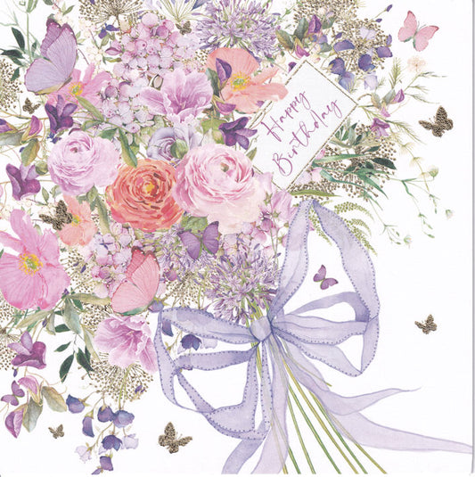 Pink And Purple Flowers Bouquet Happy Birthday Card - Nigel Quiney