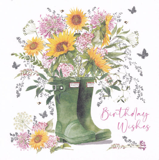Sunflower Wellies Birthday Wishes Card - Nigel Quiney