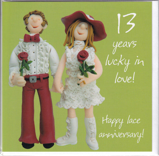 13 Years Lucky In Love! Happy Lace Anniversary Card - Holy Mackerel