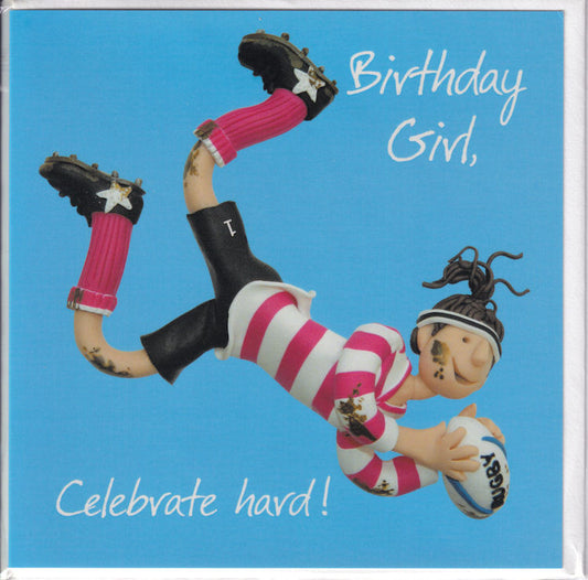 Rugby Birthday Girl Celebrate Hard! Birthday Card - Holy Mackerel