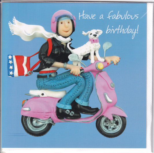 Female Moped Rider Have A Fabulous Birthday! Card - Holy Mackerel