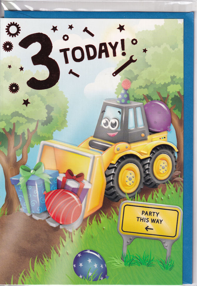 3 Today! Bulldozer With Presents Boy Birthday Card
