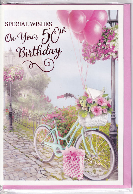 50th Birthday Special Wishes Floral Bicycle Card