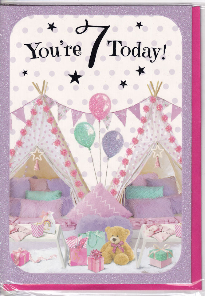You're 7 Today! Girl Glitter Birthday Card