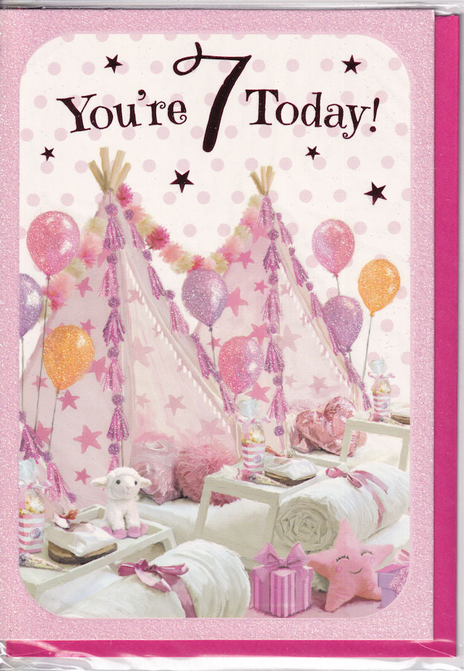 You're 7 Today! Girl Birthday Glitter Card