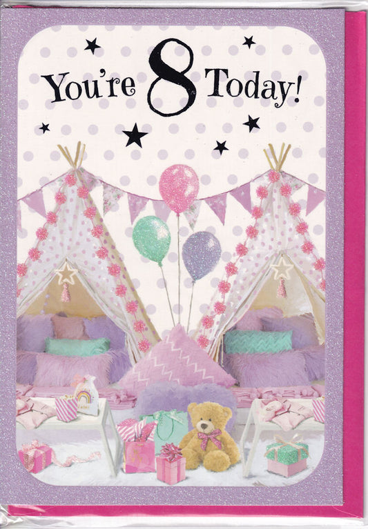 You're 8 Today! Girl Glitter Birthday Card