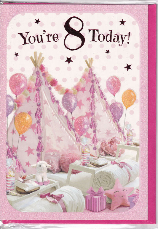 You're 8 Today! Girl Birthday Glitter Card