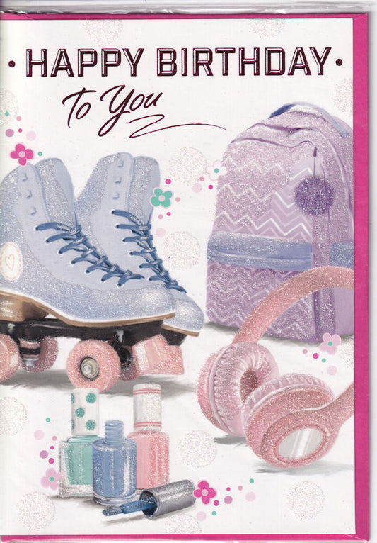 Teenage Girl Happy Birthday Card Rollerskates