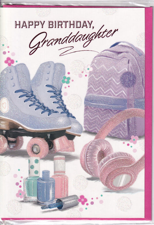 Granddaughter Rollerskates Glitter Happy Birthday Card