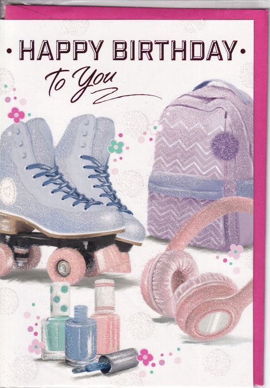 Happy Birthday To You Rollerskates Glitter Girl Card