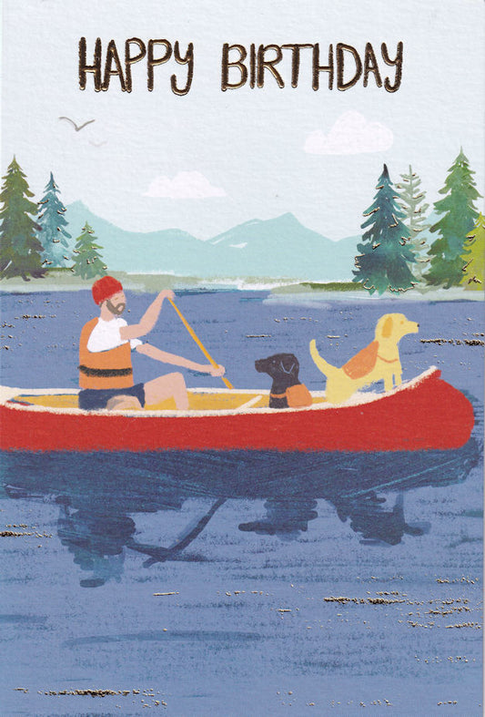 Man Canoeing With Dogs Happy Birthday Card - Nigel Quiney