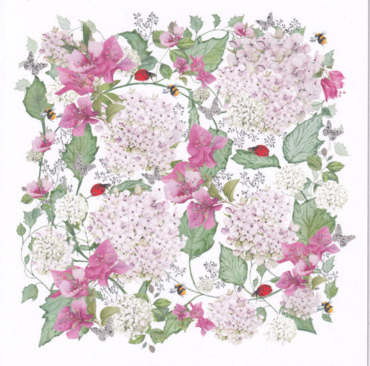 Hydrangea Flowers, Ladybirds And Bees Greeting Card - Nigel Quiney