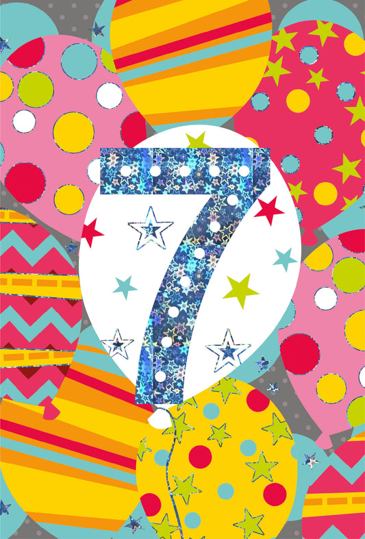 Pink Balloons Girl Happy 7th Birthday Card - Nigel Quiney