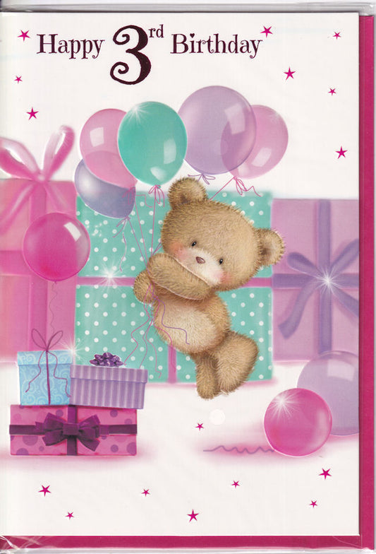 Happy 3rd Birthday Card three 3 third teddybear and balloons