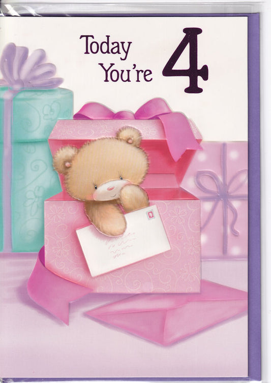 Teddybear Today You're 4 Birthday Card 4th for girl