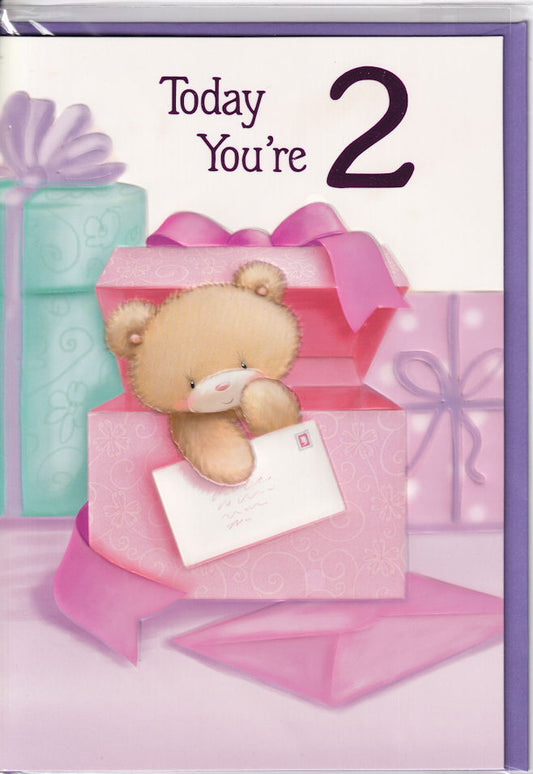 Teddybear Today You're 2 Birthday Card 2nd for girl