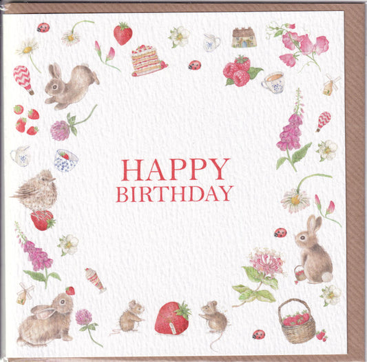 Rabbits And Strawberries Happy Birthday Card - West Country Designs
