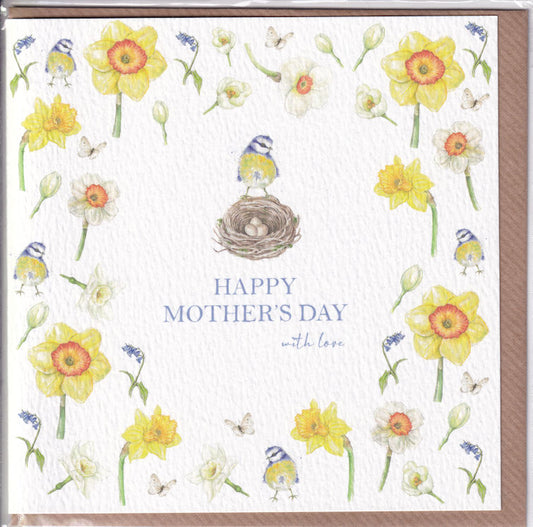 Blue Tit Birds and Daffodils With Love Happy Mother's Day Card - West Country Designs