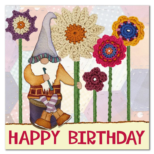 A Crocheting Gnome Happy Birthday Card - Emma Ball