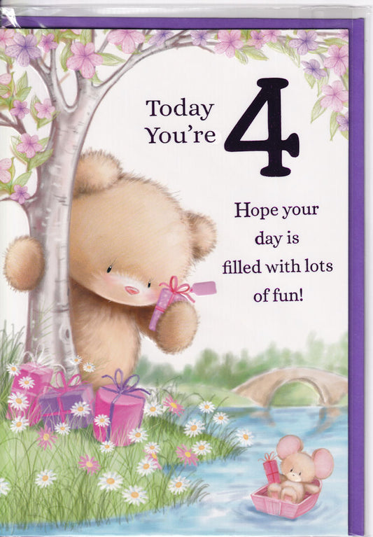 Teddybear Today You're 4 Birthday Card 4th