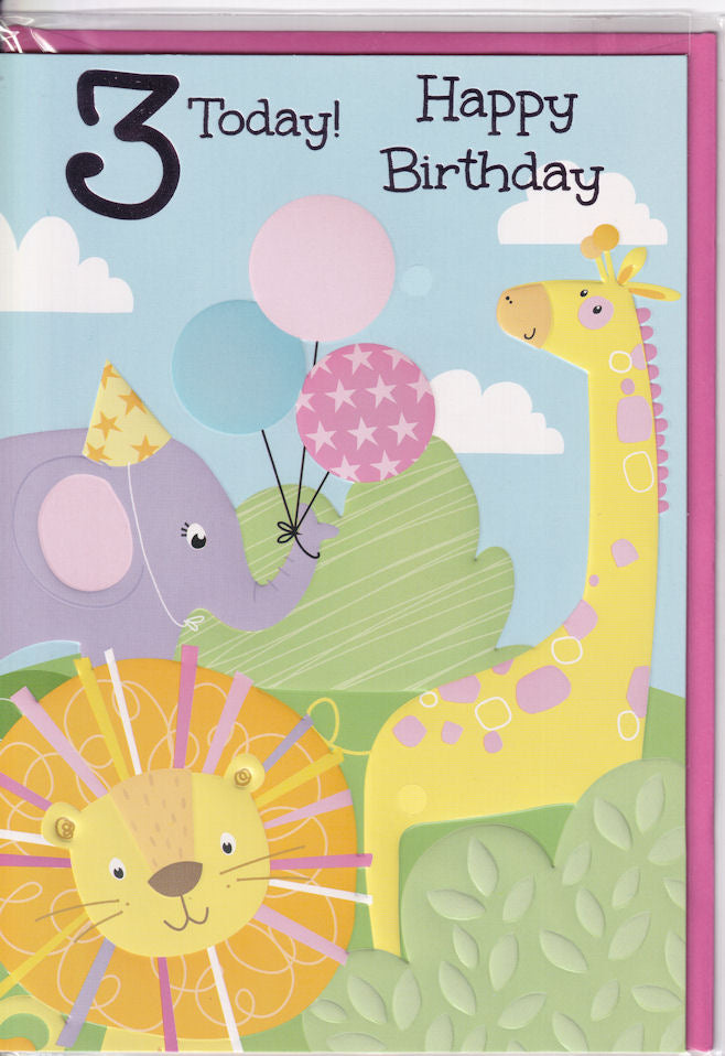 Animals 3 Today! Happy Birthday Card 3rd for girl